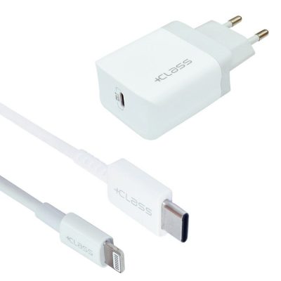 KUĆNI PUNJAČ +CLASS ZA APPLE IPHONE USB-C PD 20W BRZI + TIP C NA LIGHTNING